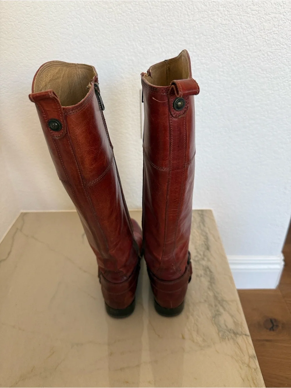 Frye Melissa Harness Leather Riding Boots in a reddish-brown color